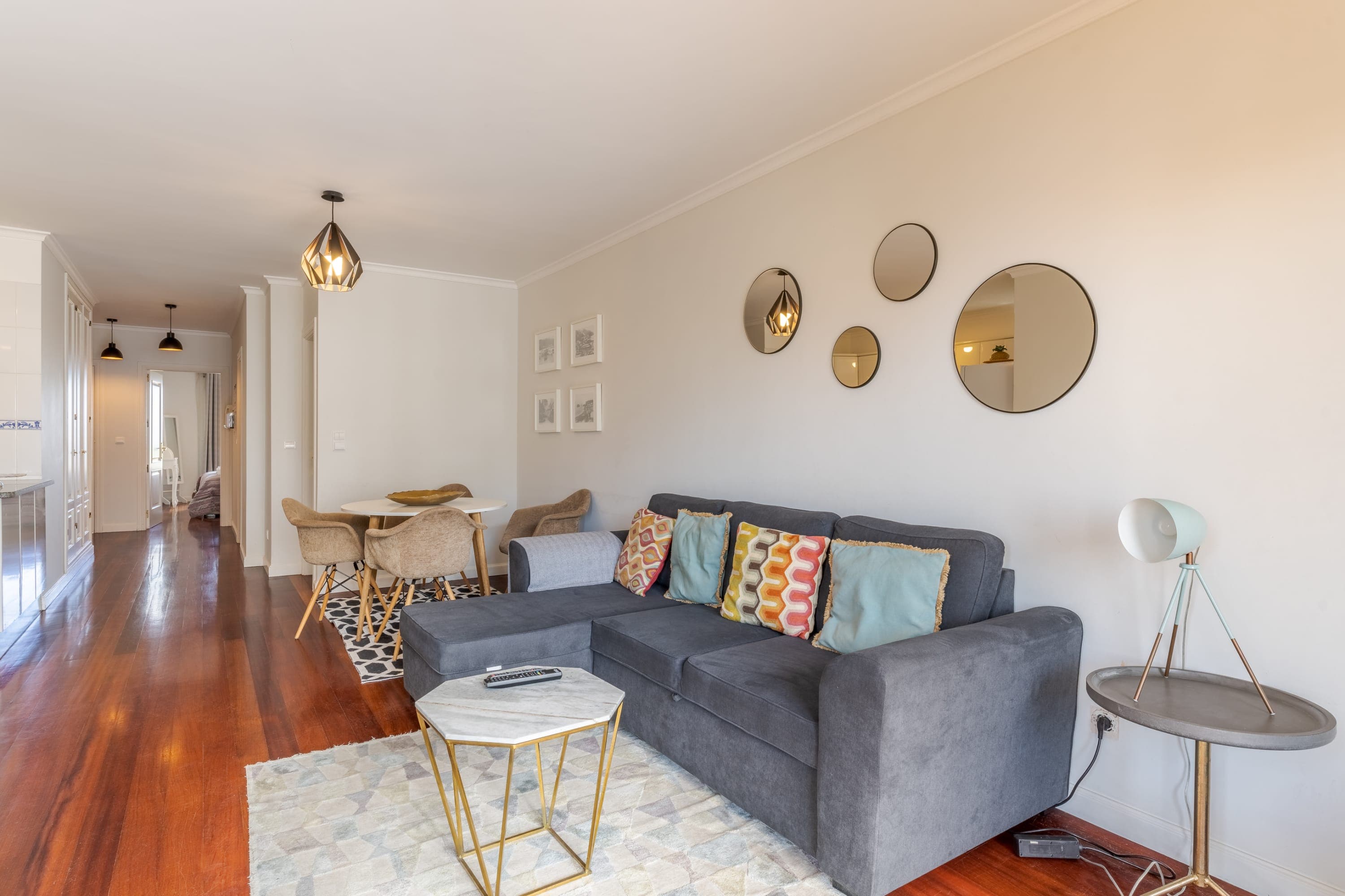 Living room sofa with hallway view